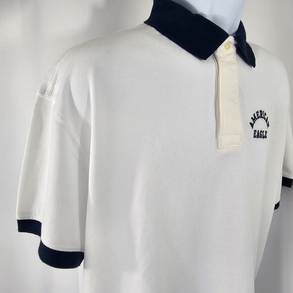 American Eagle Men's White & Navy Super Soft Short Sleeve Polo Shirt Size L - Picture 7 of 12